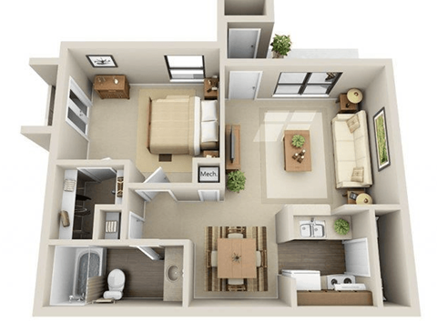Floor plan for 1 bed, 1 bath, 670 sqft